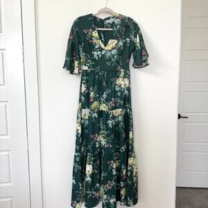 TUCKERNUCK Green Floral Tiered Midi Dress XS Ruffle Sleeve Cottagecore